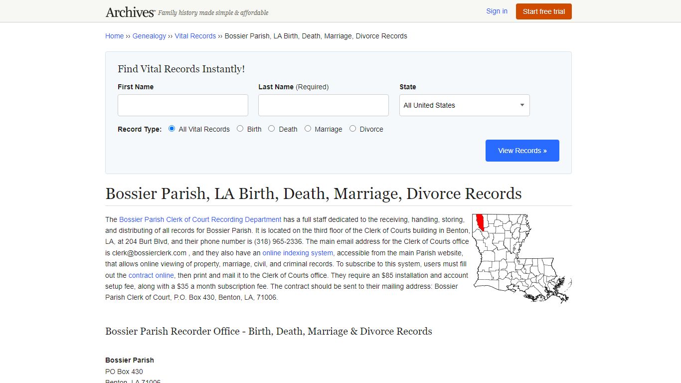 Bossier Parish, LA Birth, Death, Marriage, Divorce Records